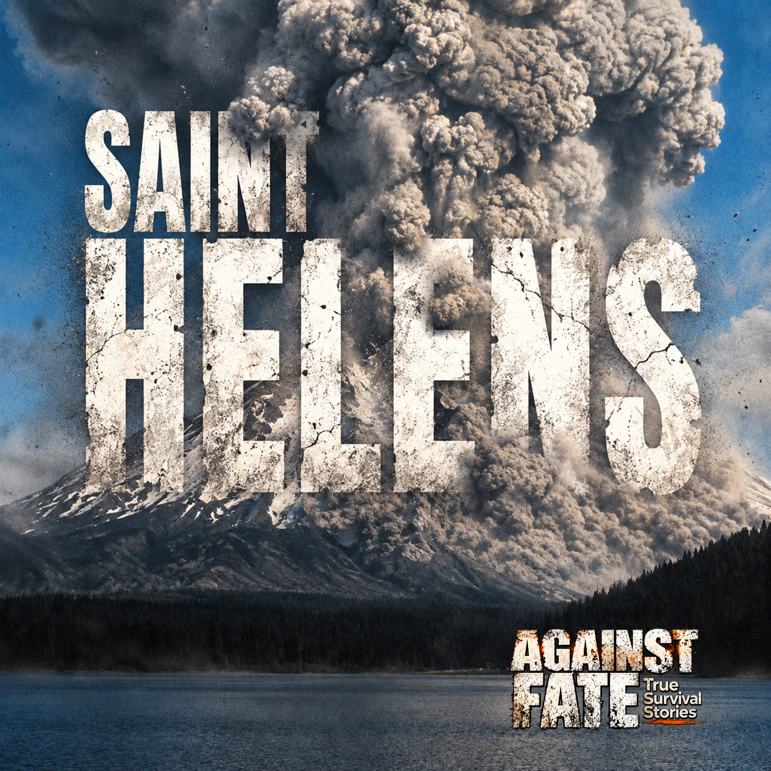 Cover der Serie Saint Helens. Mount saint helens im Moment das Ausbruches, davor teilweise zerbrochen und schmutzig der Titel Saint Helens und das Logo von Against Fate - True Survival Stories